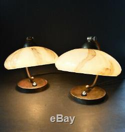 Pair of VTG Czech ART DECO BAUHAUS 1930's Marbled Glass Shades Lamps