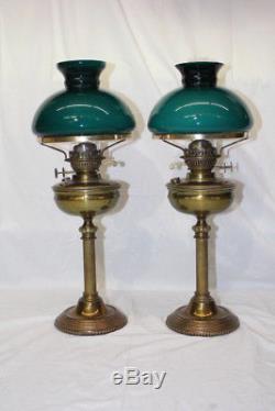 Pair of Vintage Brass Columned Dual Wick Oil Lamps with Chimney & Green Shades