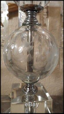 Pair of Vintage Crystal Hurricane Table Lamps With Etched Shades and Body