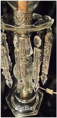 Pair of Vintage Crystal Hurricane Table Lamps With Etched Shades and Body