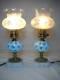 Pair Of Vintage Fenton Blue Coin Dot Boudoir Lamps With Frosted Shades