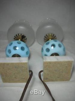Pair of Vintage Fenton Blue Coin Dot Boudoir Lamps with Frosted Shades