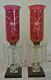 Pair Of Vintage Hurricane Boudoir Crystal Lamps Ruby Red Etched Shades