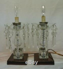 Pair of Vintage Hurricane Boudoir Crystal Lamps Ruby Red Etched Shades