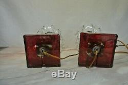 Pair of Vintage Hurricane Boudoir Crystal Lamps Ruby Red Etched Shades