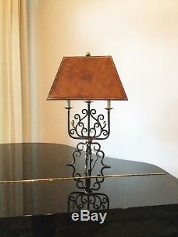 Pair of Vintage Maitland Smith Table Lamps with Tooled Leather Fx Leather Shade