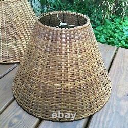 Pair of Vintage Rattan Lamp Shades 12 Tall Tapered Woven Wicker