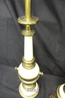 Pair of Vintage Stiffel Hollywood Regency Brass & Enamel Lamps, Glass Shades 38