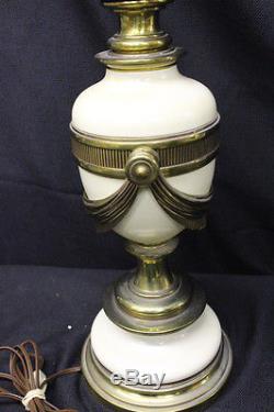 Pair of Vintage Stiffel Hollywood Regency Brass & Enamel Lamps, Glass Shades 38
