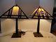 Pair Of Vintage Table Lamps Electric Slag Glass Shades Brown Metal Bases Rx-22