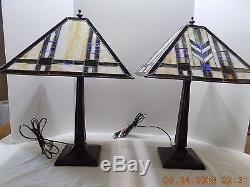 Pair of Vintage Table Lamps Electric Slag Glass Shades Brown Metal Bases Rx-22