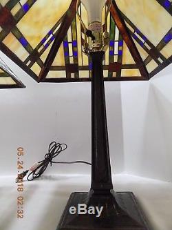 Pair of Vintage Table Lamps Electric Slag Glass Shades Brown Metal Bases Rx-22