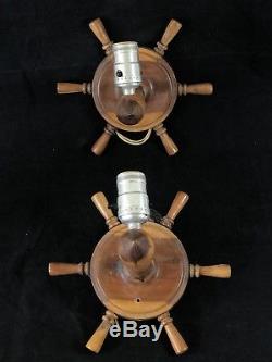 Pair of Vintage Wooden Ships Wheel 9 Wall Lamps Nautical Decor Light with Shades