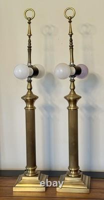 Pair of Vtg Lamps Column Neoclassic Brass Loop Finials 2 Bulbs Each NO SHADES