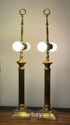 Pair of Vtg Lamps Column Neoclassic Brass Loop Finials 2 Bulbs Each NO SHADES