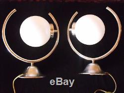 Pair of vintage art deco bauhaus table lamps. Opaline white globe