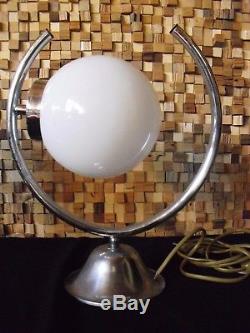Pair of vintage art deco bauhaus table lamps. Opaline white globe