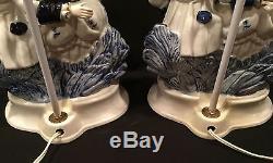 Pair of vintage baroque style porcelain figurine lamps with porcelain shades