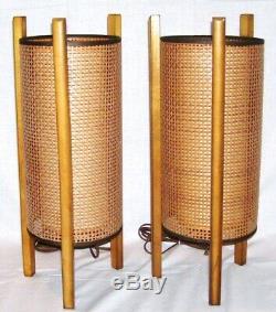 Pair vintage mid century danish wicker rattan tiki table lamps fiberglass shades