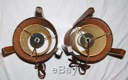 Pair vintage mid century danish wicker rattan tiki table lamps fiberglass shades