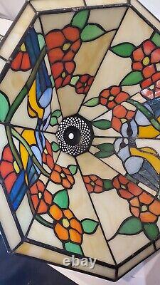 Pair vintage stained glass tiffany style lamp shades lovebird