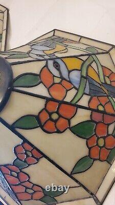 Pair vintage stained glass tiffany style lamp shades lovebird