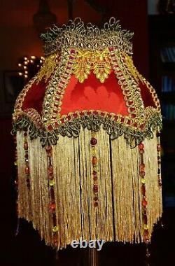 Parlour, Victorian Downton Beaded Lampshade. Spicy Garnet Red Silk 8