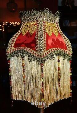 Parlour, Victorian Downton Beaded Lampshade. Spicy Garnet Red Silk 8