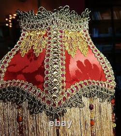 Parlour, Victorian Downton Beaded Lampshade. Spicy Garnet Red Silk 8