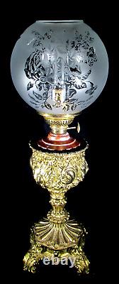 Petite Vintage GWTW Banquet Lamp with Miller BOUDOIR Burner, Chimney, Globe Shade