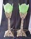 Pr Vintage Art Deco Style Torchieres / Lamps W Green Shades & Silver Metal Bases