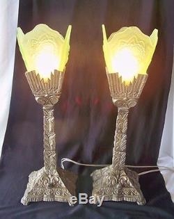 Pr Vintage Art Deco Style Torchieres / Lamps w Green Shades & Silver Metal Bases