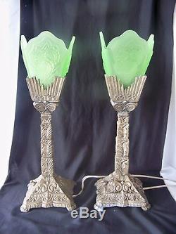 Pr Vintage Art Deco Style Torchieres / Lamps w Green Shades & Silver Metal Bases