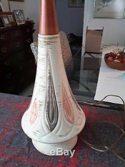 Pr Vintage Danish MCM Teak, Textured Pottery Lamps Original Shades 1960s 42