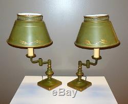 Pr Vintage Green Tole Metal Table Lamps Swing Arms Hand Painted Original Shades
