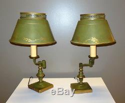 Pr Vintage Green Tole Metal Table Lamps Swing Arms Hand Painted Original Shades