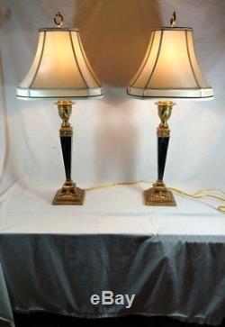 Quoizel Neoclassical vintage design brass marble parlor table lamps & shades 36