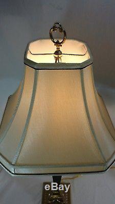 Quoizel Neoclassical vintage design brass marble parlor table lamps & shades 36