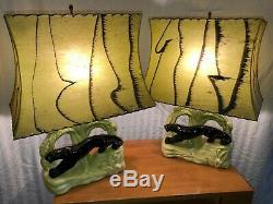 RARE 1950's VINTAGE PANTHER LAMP SET WORKING CERAMIC MID-CENTURY ORIG SHADES MCM