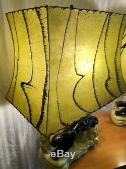 RARE 1950's VINTAGE PANTHER LAMP SET WORKING CERAMIC MID-CENTURY ORIG SHADES MCM