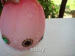 RARE ANTIQUE Pink satin glass jeweled lamp shade beautiful mint cond