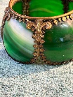 RARE Emerald Green Slag Stained Glass Lamp Shade Brass Fleur De Lis 4 x 3 VTG