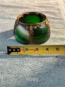 RARE Emerald Green Slag Stained Glass Lamp Shade Brass Fleur De Lis 4 x 3 VTG