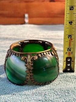 RARE Emerald Green Slag Stained Glass Lamp Shade Brass Fleur De Lis 4 x 3 VTG