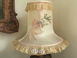 RARE LARGE Antique Vintage SILK FRENCH NET LACE RIBBON WORK FLOWERS LAMP SHADE