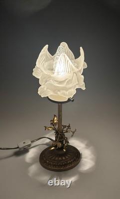 RARE Louis XVI NOUVEAU MCM bronze table lamp with a flower shaped glass shade