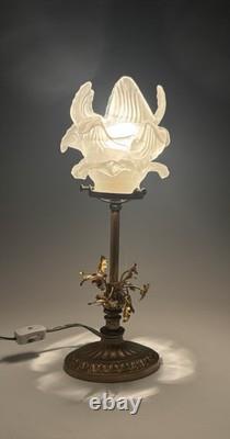 RARE Louis XVI NOUVEAU MCM bronze table lamp with a flower shaped glass shade