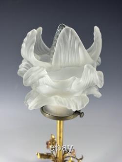 RARE Louis XVI NOUVEAU MCM bronze table lamp with a flower shaped glass shade