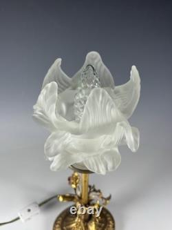 RARE Louis XVI NOUVEAU MCM bronze table lamp with a flower shaped glass shade