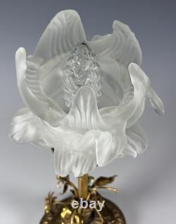 RARE Louis XVI NOUVEAU MCM bronze table lamp with a flower shaped glass shade